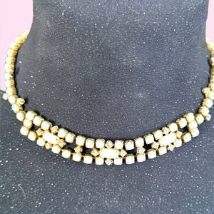 Vintage Gold-Tone Milk Glass Crystal Double-Row Choker Necklace